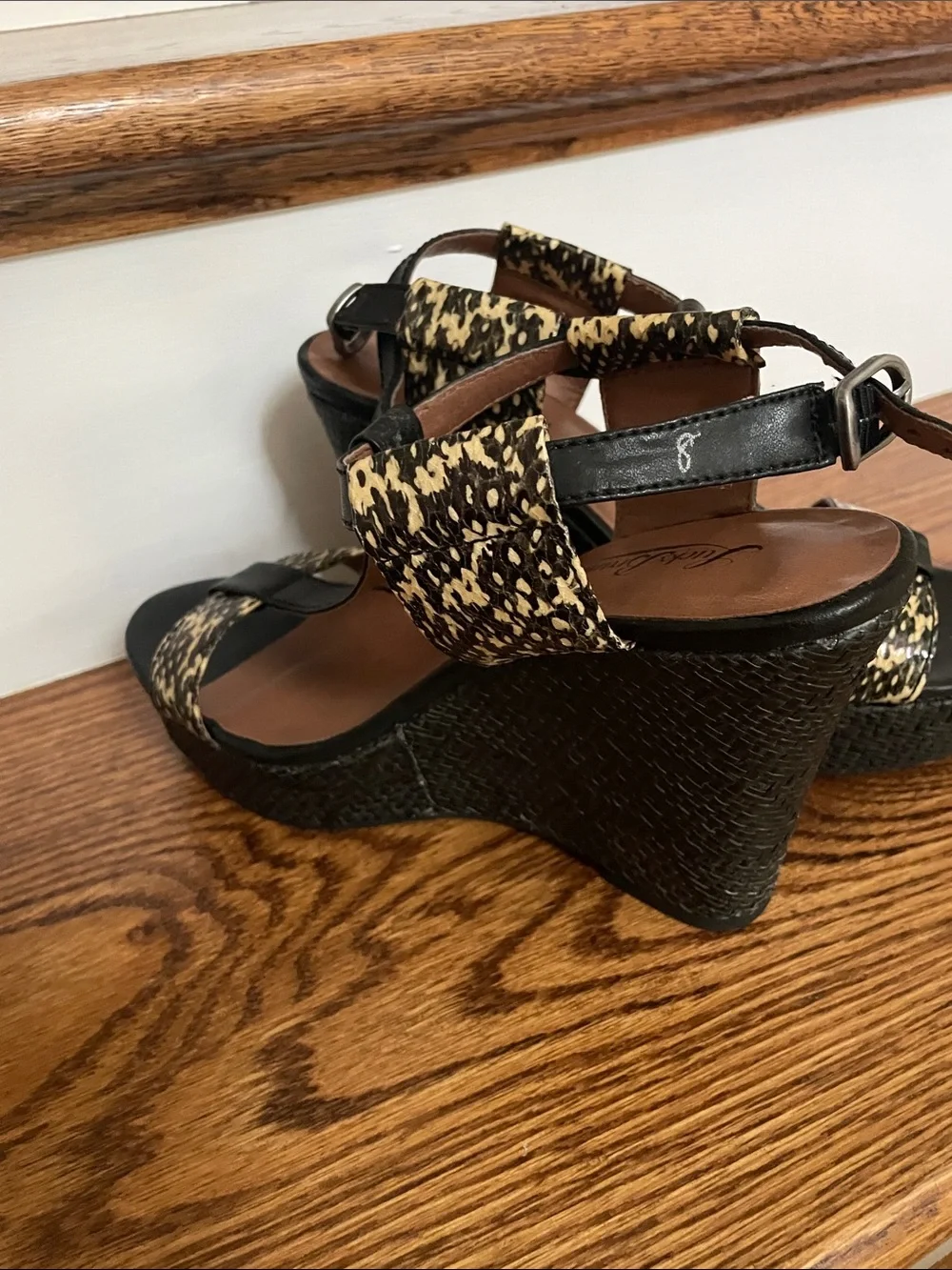 Lucky Brand Black Wedge Sandals with Tan Animal-Print Straps